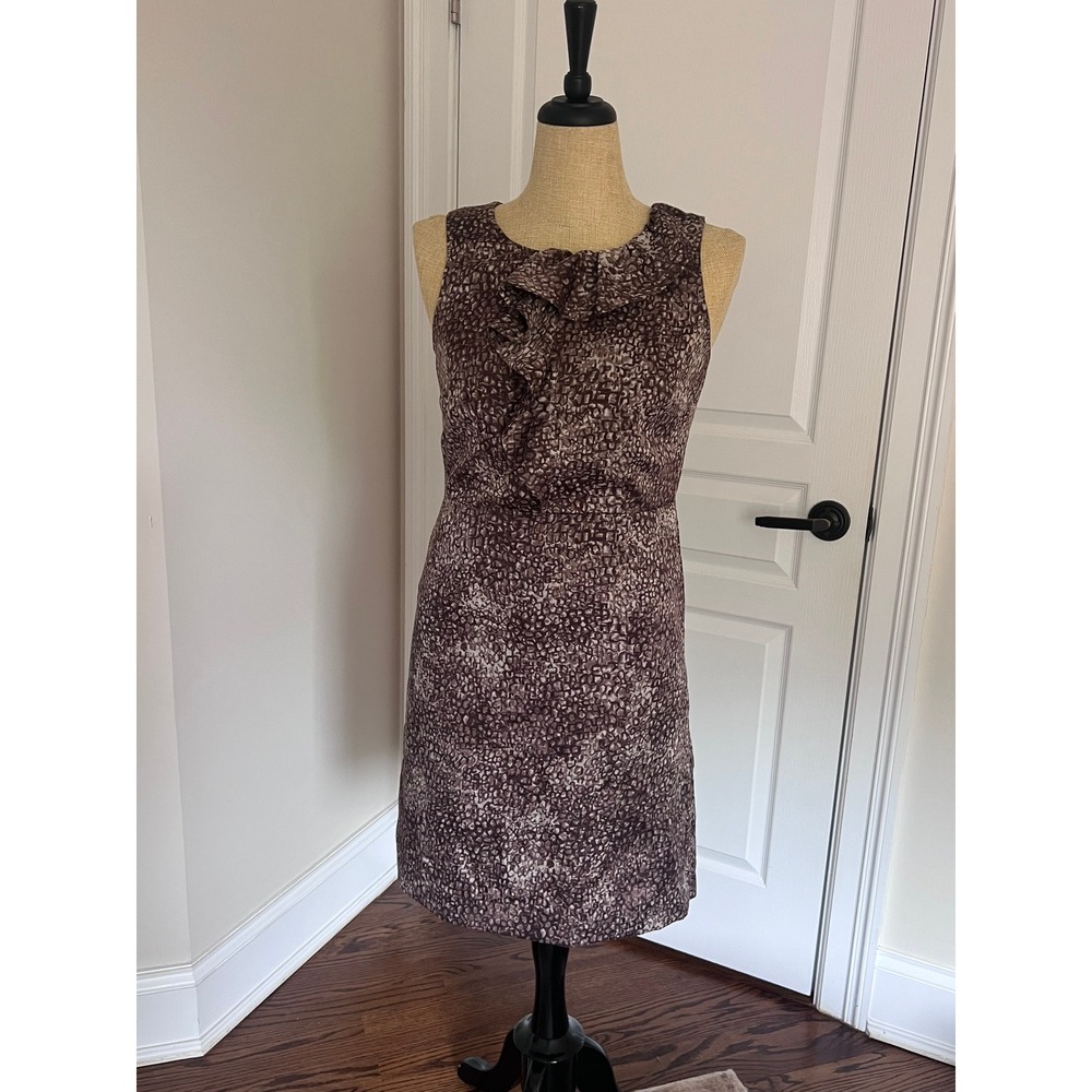 Ann Taylor LOFT Sheath Dress Womens Brown Ruffle Neck Abstract Print Size 6